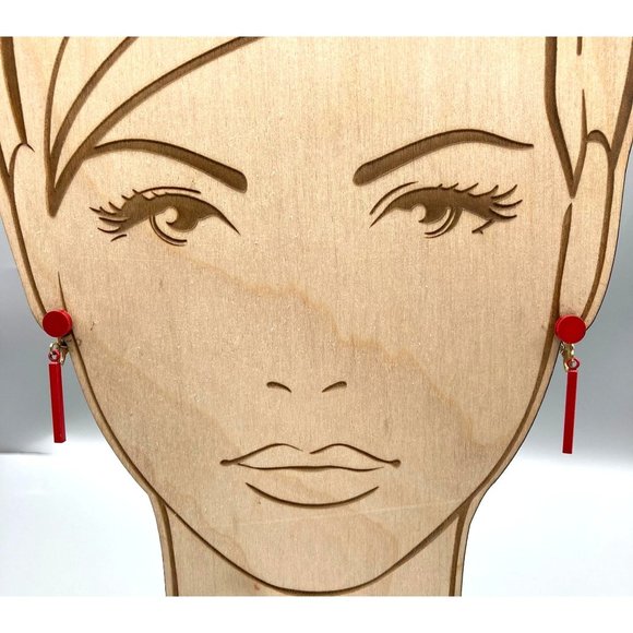 Fun Vintage Mod Dangle Earrings, Bright Enamel Red Bar Drops from Clip On Button - Picture 1 of 5